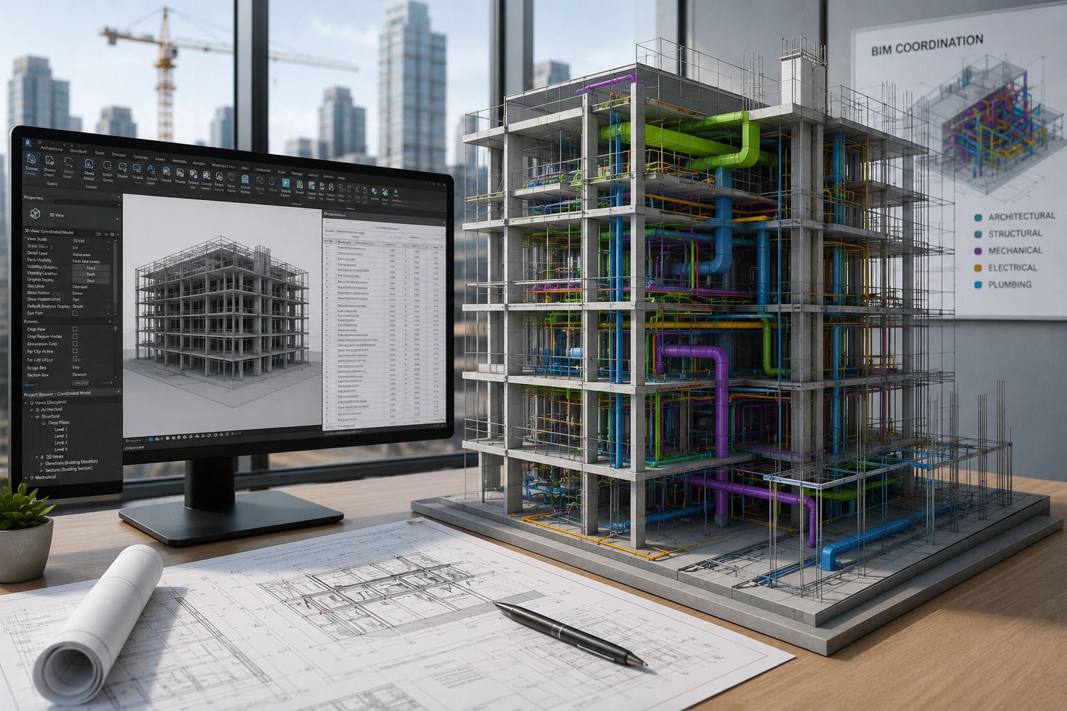 Coordinated BIM model of a building's structural and MEP systems