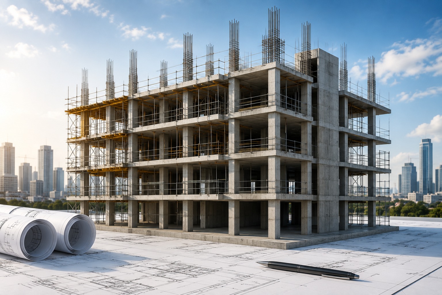 Structural engineer reviewing rebar and formwork on site